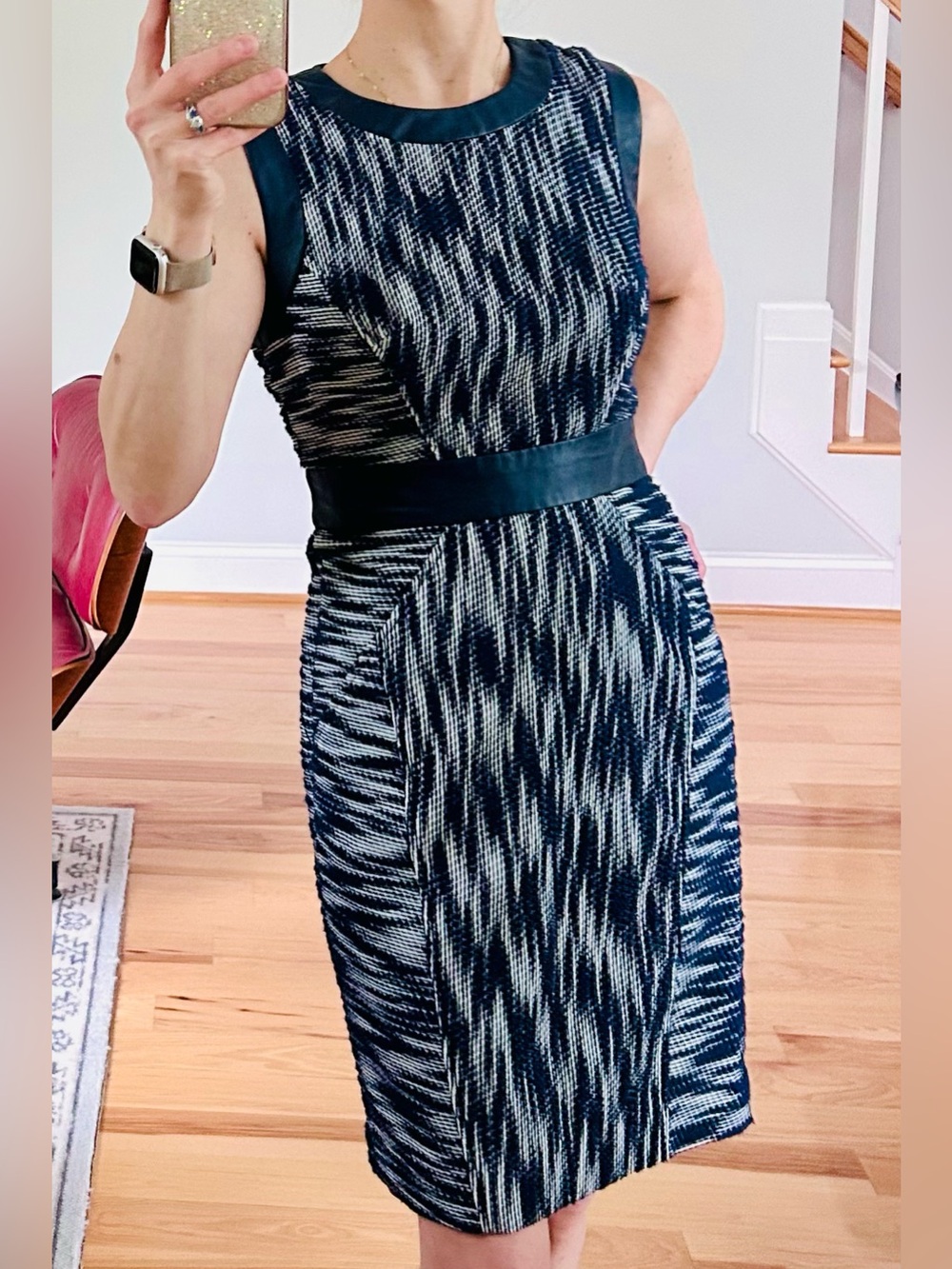 Milly Navy and White Patterned Sleeveless Sheath Dress w/ Leather trim